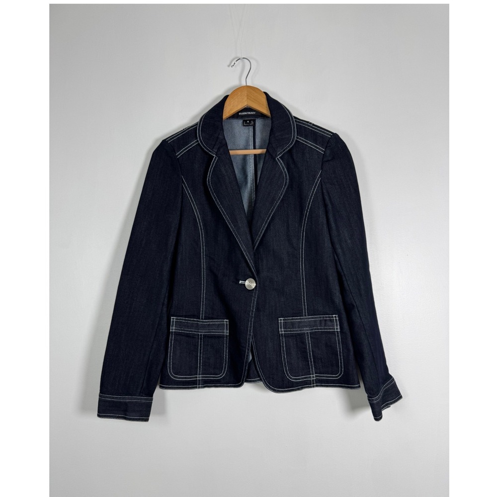 Dark Academia Ellen Tracy Womens4 Denim Blazer Blue Contrast Stitch European Fab